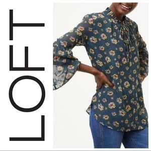 🎉 LOFT Peony Tie Neck Bell Sleeve Blouse